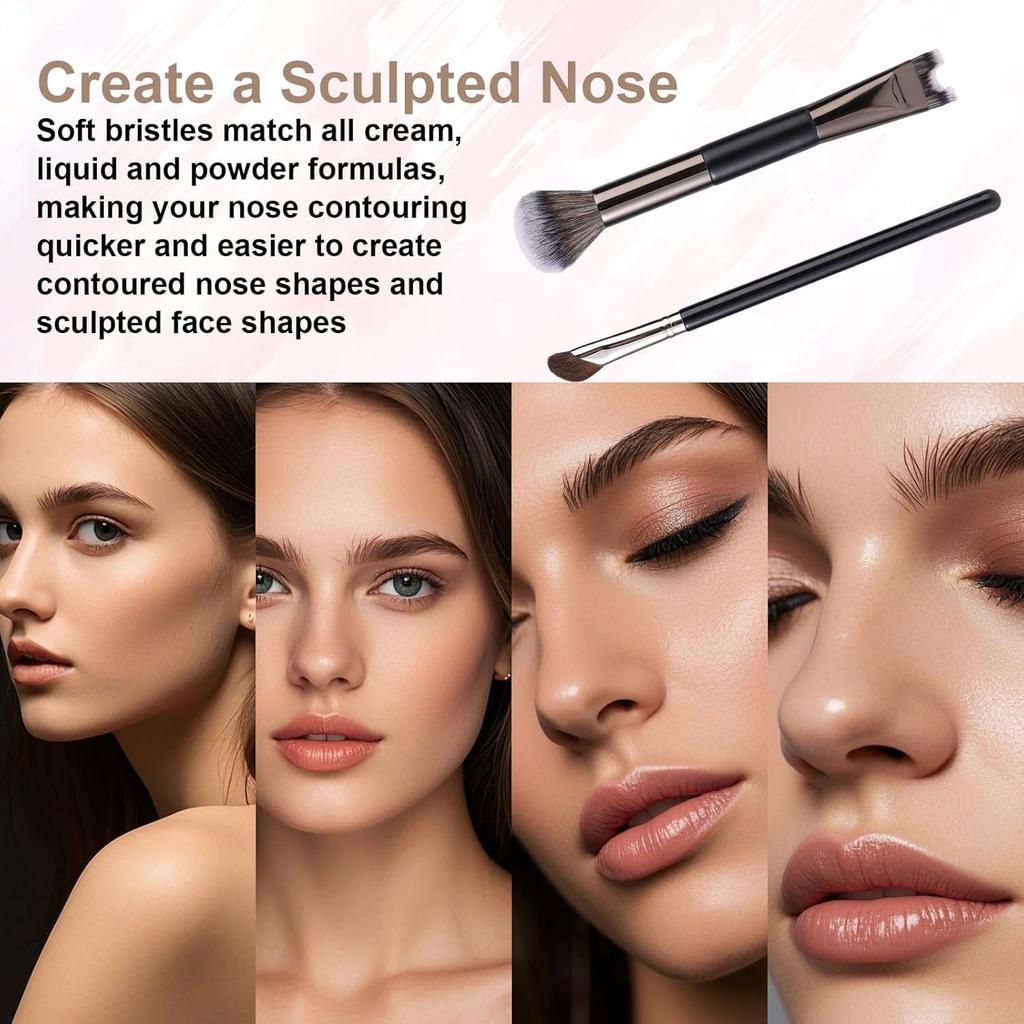2pcs Nose Contour Brushes Set, 2-in-1 U-Shaped Fluffy & Angled Tilt Brush for Precise Nose Sculpting, Highlighting, Defining, Seamless Contouring for