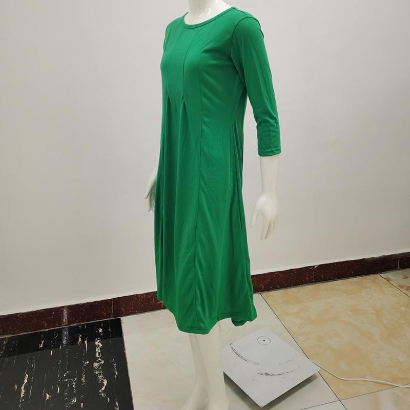 Sommerkleid für Damen, modisch, Rundhalsausschnitt, mittlere Ärmel, einfarbig, plissiert, lange Kleider