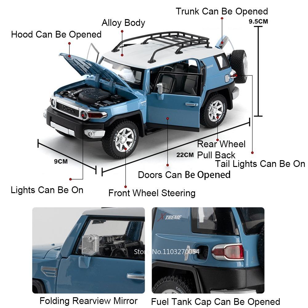 1:24 Prado FJ Cruiser Alloy Diecast Off Road Vehicle Model Toys Car Sound Light Pull Back Front Wheel Steering Festival Surprise
