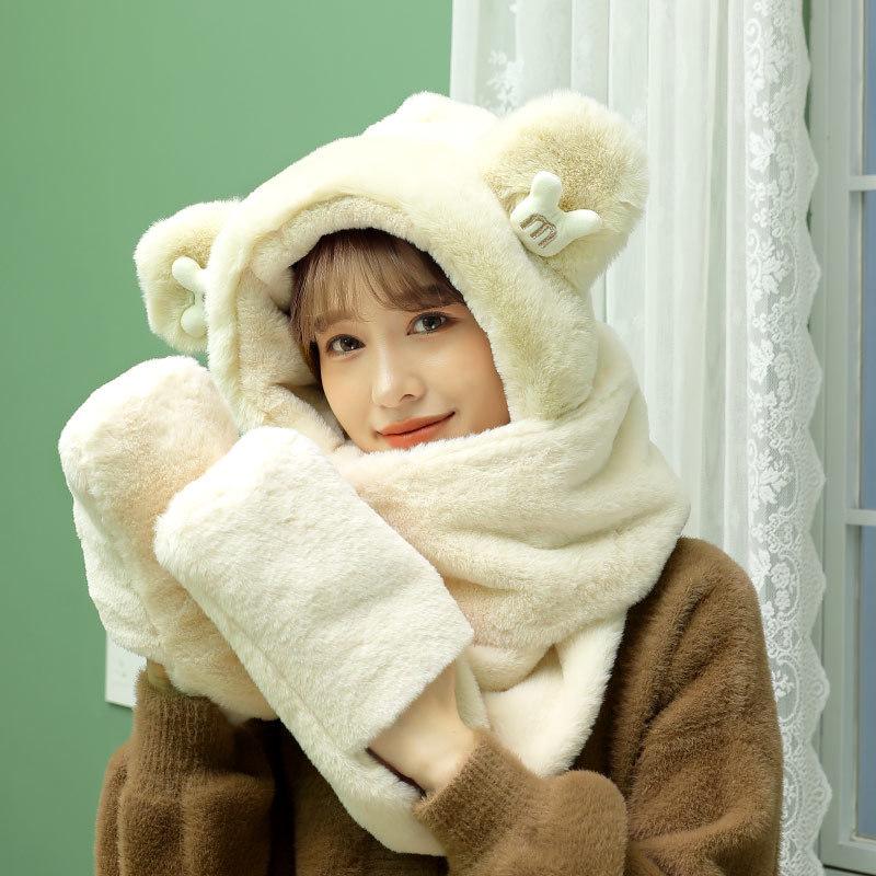 Women's Cozy Fox Ear Plush Hat with Integrated Scarf - Warm, Soft Lei Feng Design for Autumn and Winter. Perfect Ear Protection for Students.