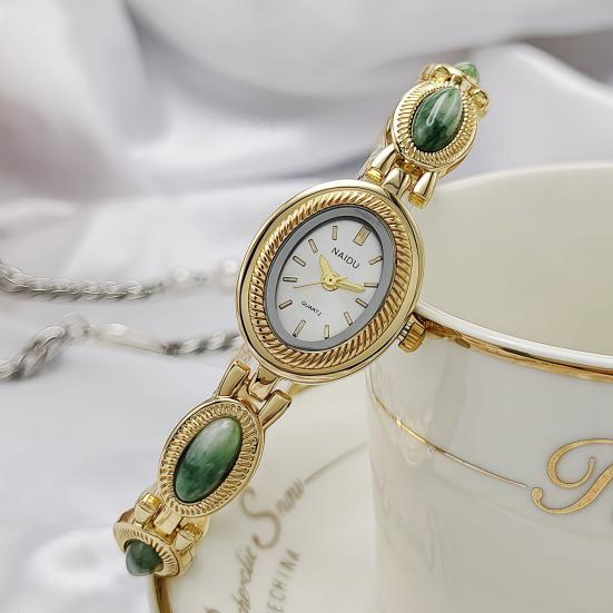 Faux Gemstone Bracelet Watch Ladies Vintage Oval Dial Wristwatch Elegant Quartz Watch Gift for Her Girlfriend Mom Wife