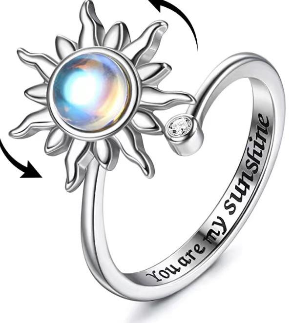 Sunflower Crystal Anxiety Relief Spinning Fidget Ring For Girls Rotate Freely Metal Copper Knuckle Ring Women'S Jewelry Gifts