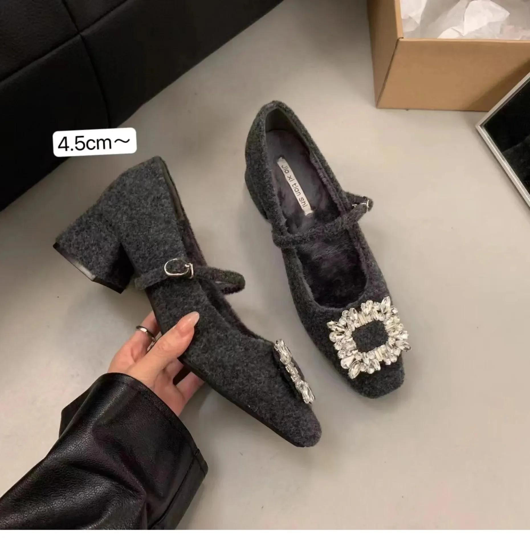 

Женские удобные туфли-лодочки на массивном каблуке с флисовой подкладкой, модные теплые зимние Мэри Джейн, вечерние туфли, резиновая подошва, ретро-стиль 39