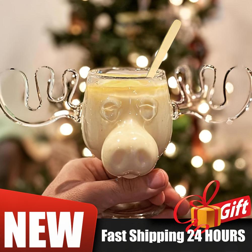 Creative Elk Glass Cup 8oz 240ml Christmas Vacation Moose Mug With Cat Spoon Xmas Reindeer Head Coffee Cup Wine Mug Water Cup