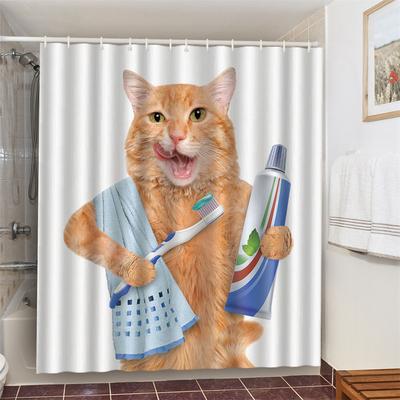 Cat Brushing Teeth Shower Curtain Bathroom Product Waterproof Durable Polyester Fabric Room Decoration Cortinas With 12pcs Hooks