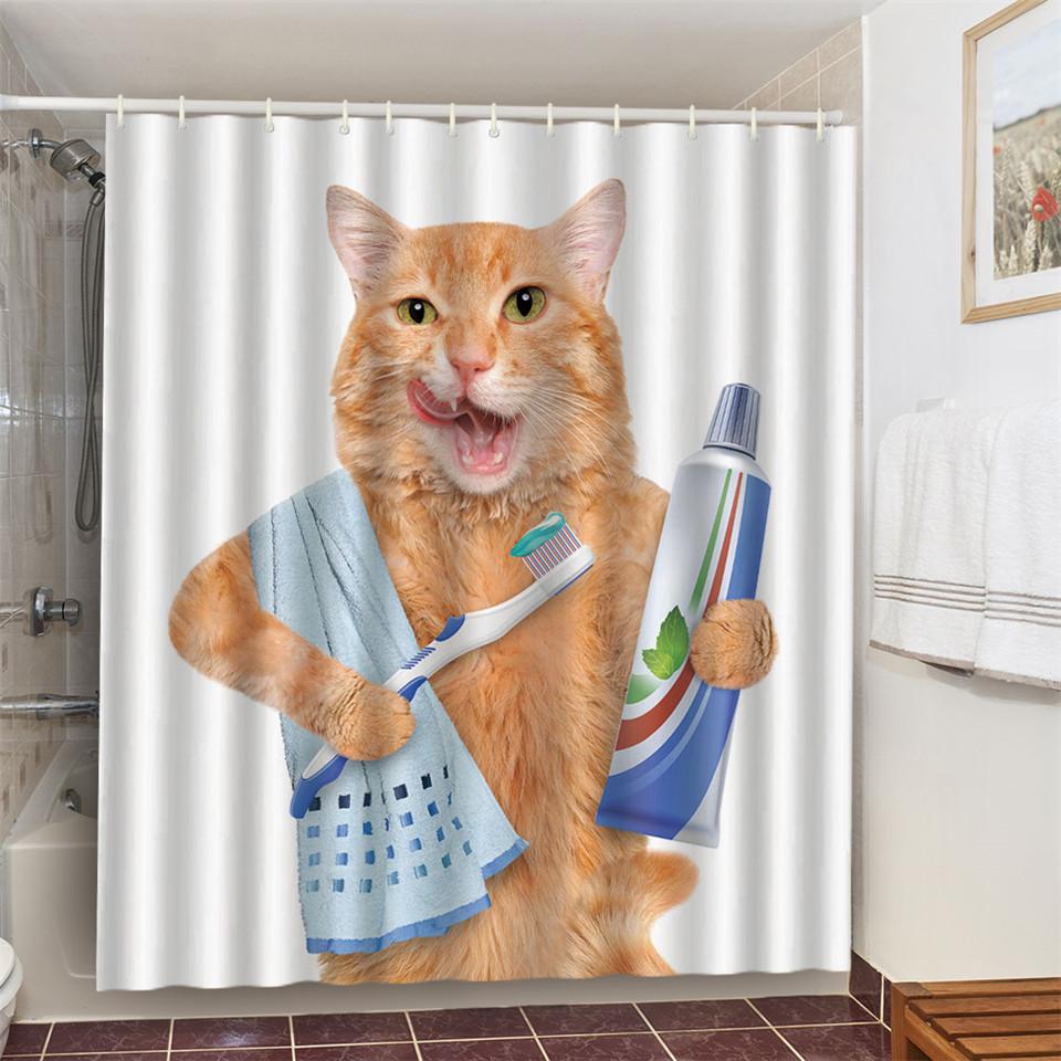 Cat Brushing Teeth Shower Curtain Bathroom Product Waterproof Durable Polyester Fabric Room Decoration cortinas With 12pcs Hooks