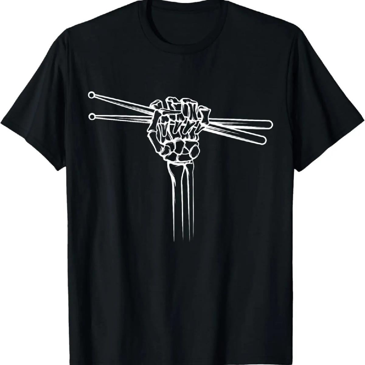 

Футболка с барабанщиком, барабанными палочками, рукой скелета и рокерской козой XXXXXL чёрный