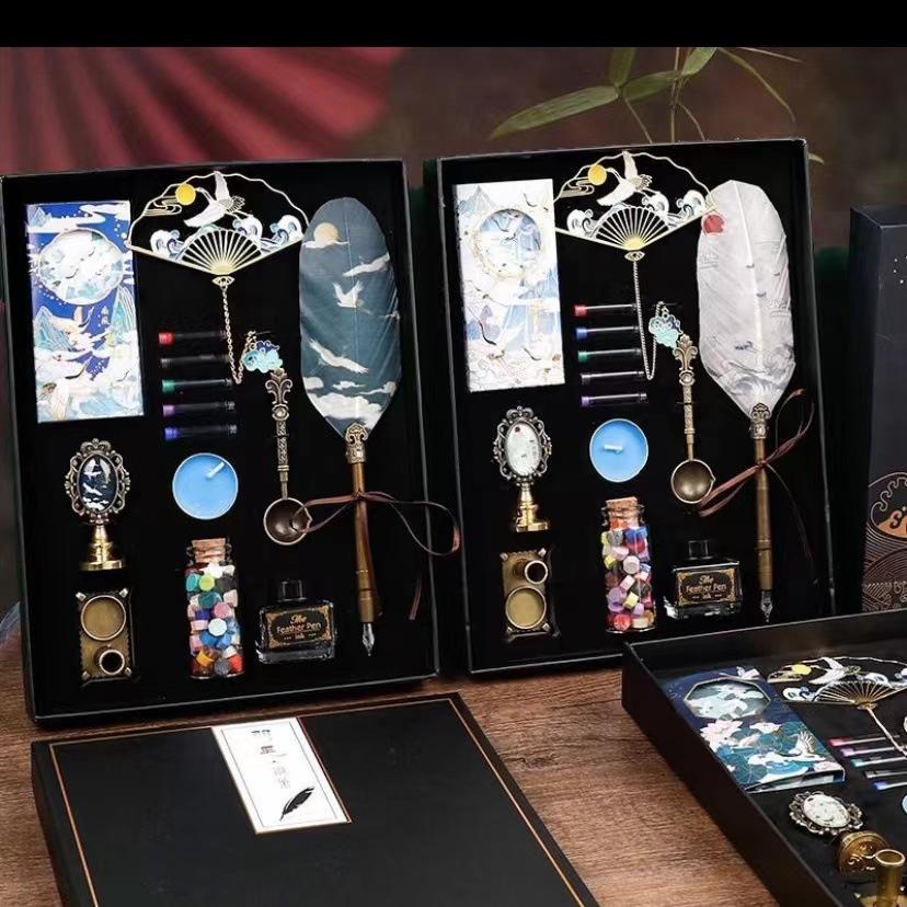 

Журавль Китайский стиль Перо, Ручка со сменным чернильным картриджем Печать сургучом Огонь Подарок на День учителя, День рождения 0.5mm