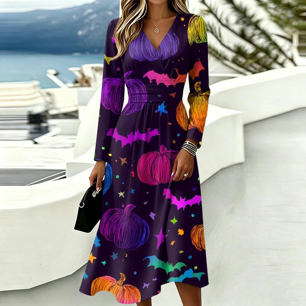 Women's Halloween Print V-Neck Long Sleeve Dress with Pockets for Casual Everyday Wear