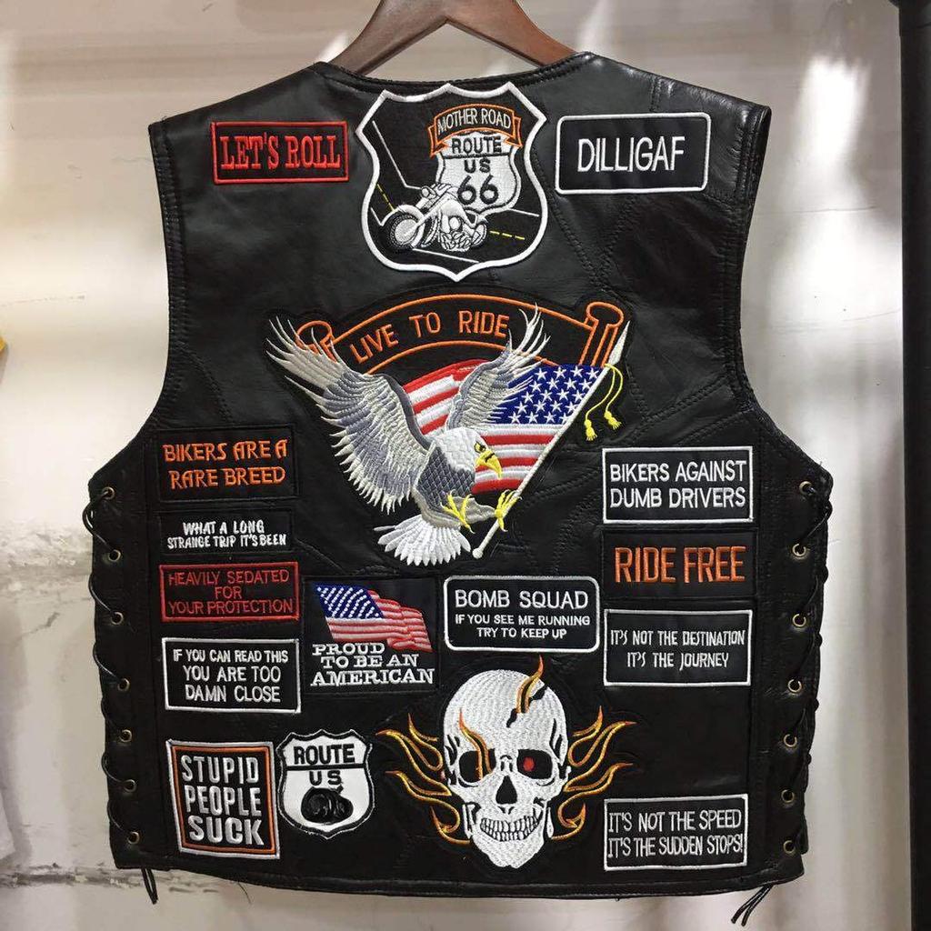 American Harley vest, leather vest, cycling vest 42 embroidered badges, leather vest men