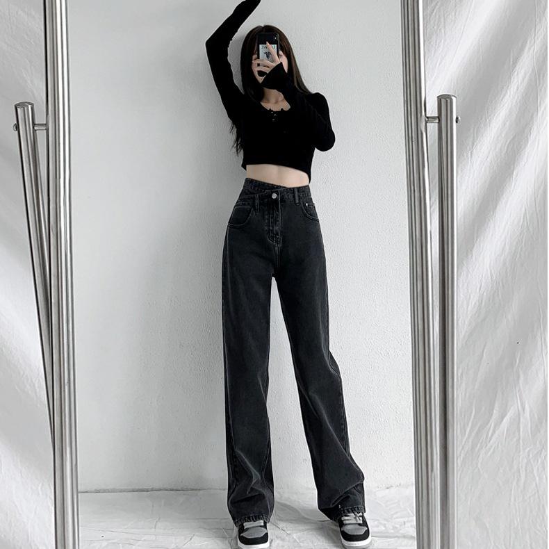 Women's Black and Gray High Waist Straight Jeans - Slim Fit, Drape Loose, Floor-Length Trousers