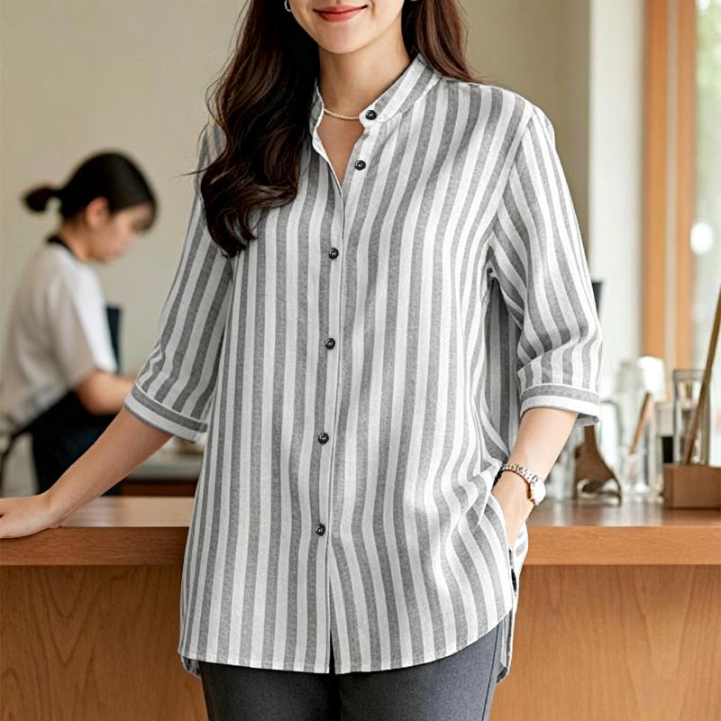 ZANZEA Camicetta a righe con maniche a 3/4 e colletto alto casual da donna