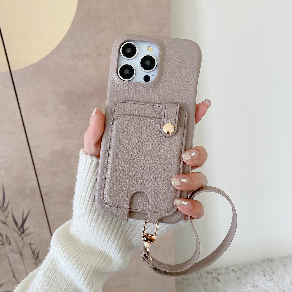 

For iPhone 15 Pro Max Case Multi-Functional Card Slots Leather Back Cover with Wrist Strap Grey