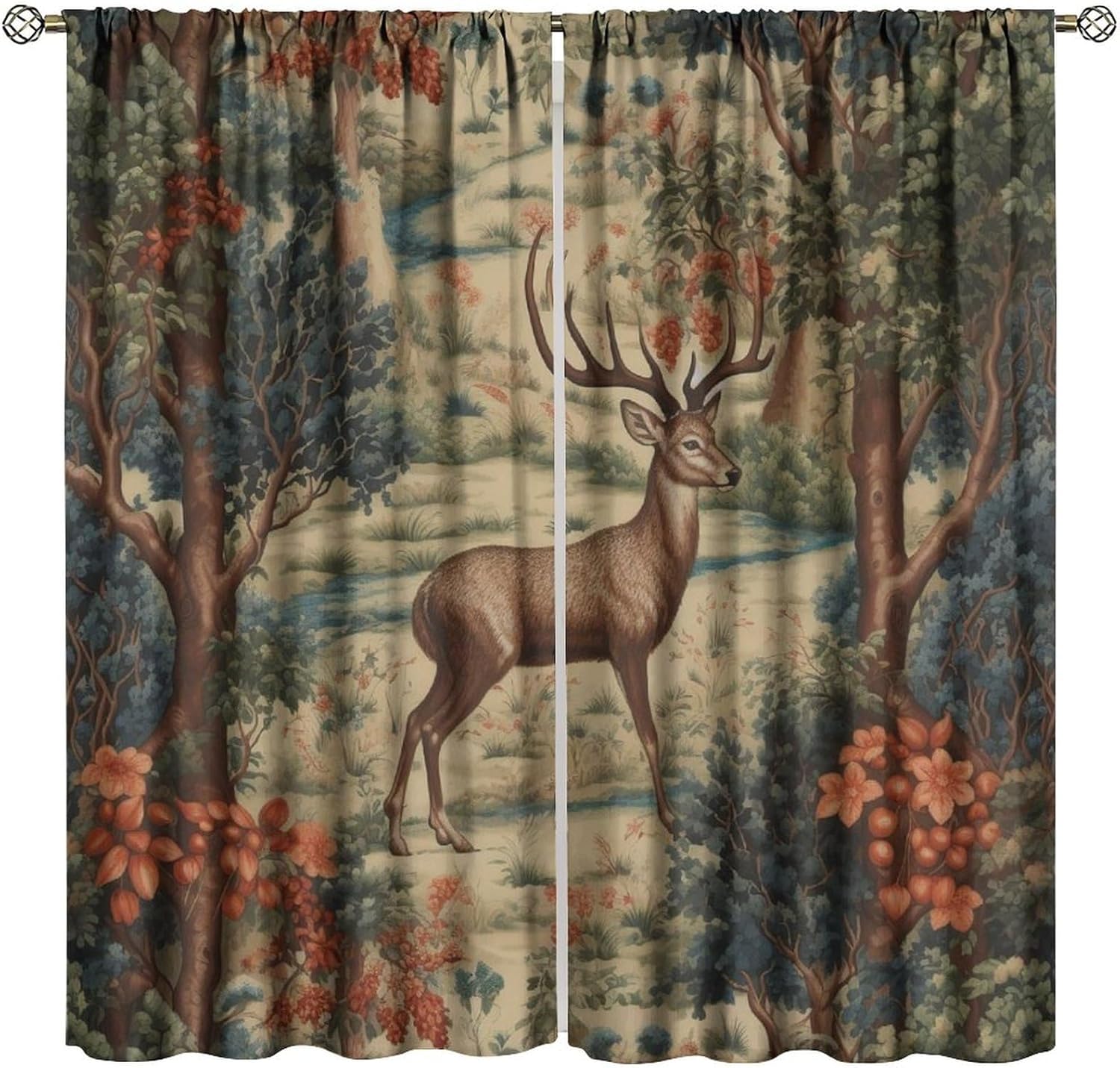 

Farmhouse Vintage William Morris Forest Animal Deer Curtains Country Rustic Style Pattern Print Window Drape Livi Light Blocking Made Of Polyester W100*H70(CM)-Rod Pocket&1PCS
