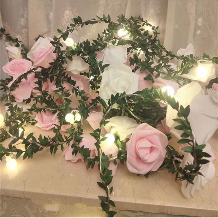 LED Solar Rose Flower String Lights with Green Leaf Vine for Romantic Indoor/Outdoor Decor