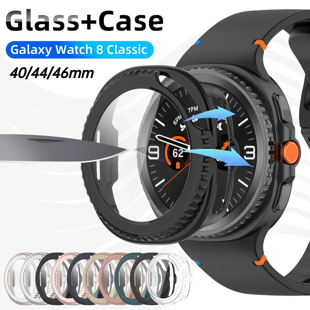 Vidrio+Funda para Samsung Galaxy Watch 8 Classic 46mm 40mm 44mm Protector de Pantalla de Vidrio Templado y Parachoques Protector de PC Duro Accesorios