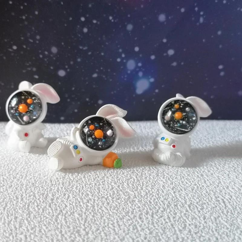 3pcs Planet Astronaut Bunny Rabbit Resin Mini Figures Cute Cartoon Ornament Miniature Craft DIY Accessories Home Desk Decor Gift