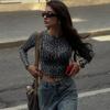 Leopard Print Mesh See-through Top Long Sleeves Leopard Print Mesh See-through Long Sleeves T-shirt for Women