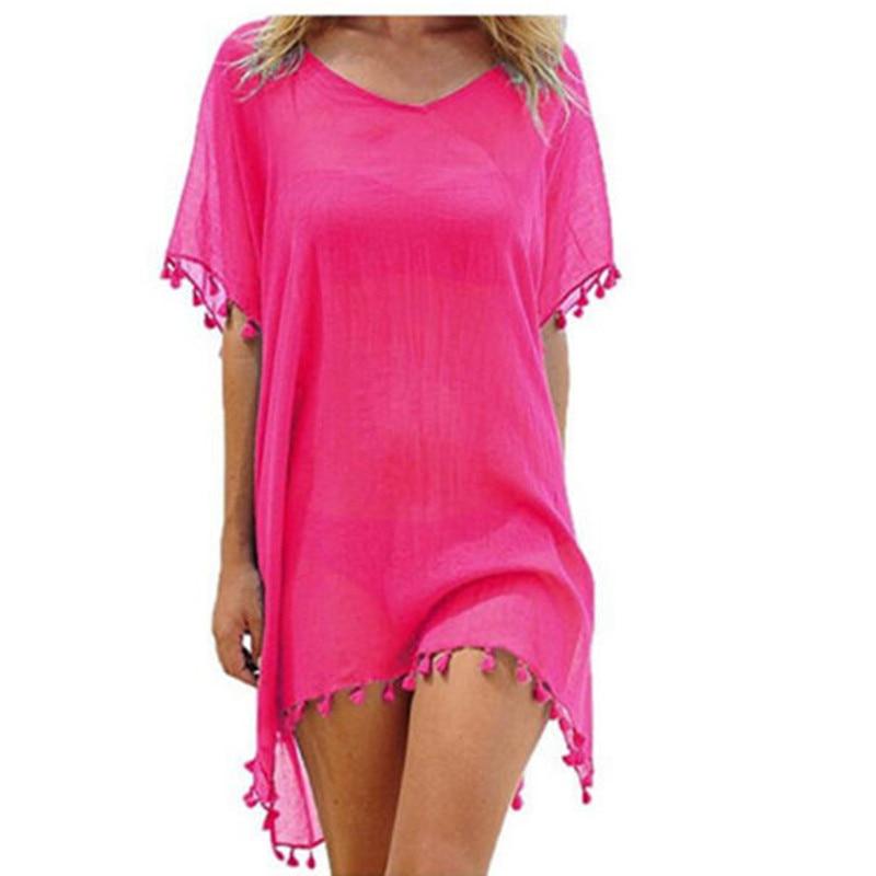 Summer Bikini Cover Up Chiffon Pompom Detail Hollow Crochet Swimsuit Cover-Ups Bathing Suit F Size