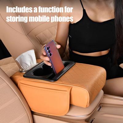 Multifunctional Car Armrest Box Faux Leather Armrest Organizer Mat Center Console Cover with Side Pockets Cup Holder Phone Slot Tissue Box Slot for