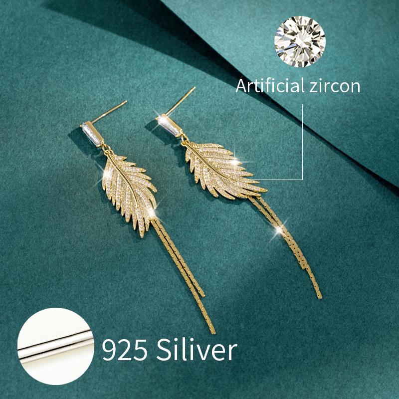 Luxury 14K Real Gold Plated Leaves Tassel Stud Earrings for Women Trending Cubic Zircon Wedding Jewelry