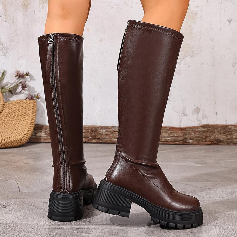 Chunky Platform Black Knee High Boots Women Fashion Back Zipper Pu Leather Long Boots Woman Thick Sole Motorcycle Botas Mujer