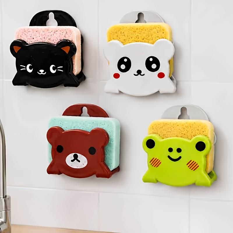 Cartoon Sponge Holder Set Kitchen Sink Sponge Organizer Self Draining Sponge Storage Rack Wall Mounted Sponge Basket with Hook for Bathroom Kitchen