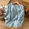 Loose V Neck Embroidered Linen Cotton Shirt Five Quarter Sleeve Summer