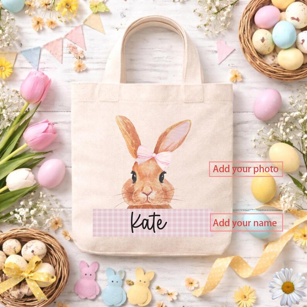 Custom Easter Bunny Bag With Name For Kids Egg Hunting Activities Reusable Goodie Bag Classroom Treat Bag Holiday Gift Basket