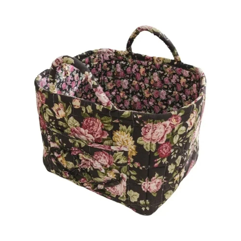 Fabric Floral Pattern Storage Basket Large Capacity Easy Carry Handles Fabric Laundry Basket Quilted Design Collapsible Design