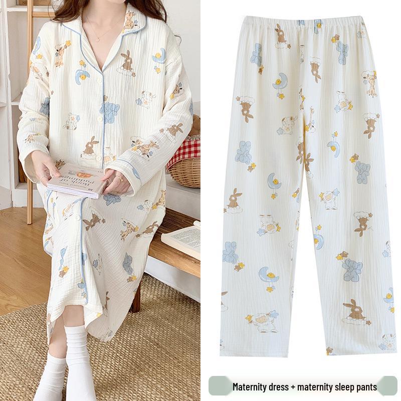 Pure Cotton Gauze Maternity Dress - Summer Nursing Nightgown for Hospital & Home, Plus Size, Women's Spring/Autumn Pregnancy Pajamas.