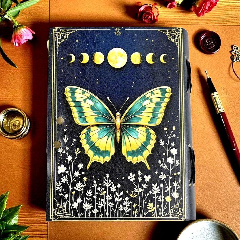 Butterfly Grimoire Journal – Celestial Leather Notebook | Lunar Moth Spell Book of Shadows