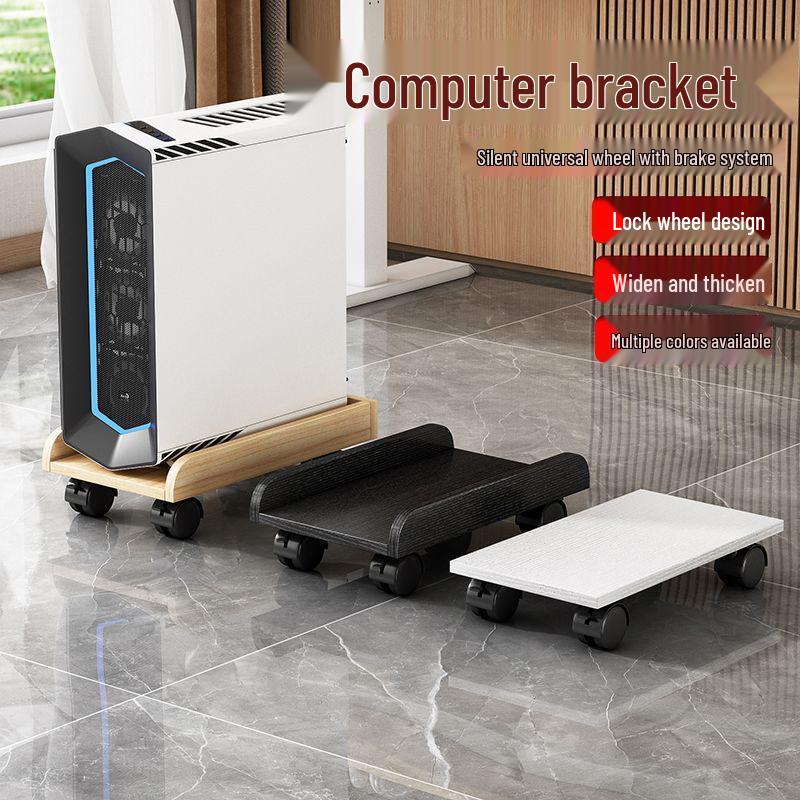 Movable Wooden Desktop Computer Chassis Tray with Wheels for Under-Desk Storage