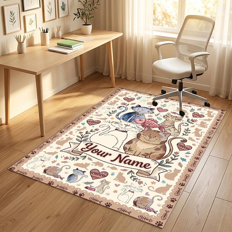 Cat Theme Crystal Velvet Rug Personalized Custom Name Text Soft Floor Mat Home Decor