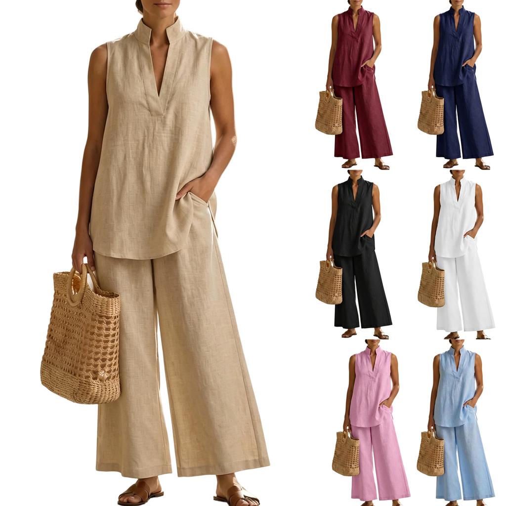Women's Fashionable Loose V-neck Vest Sleeveless Pullover Top High-waisted Wide-leg Pants Set