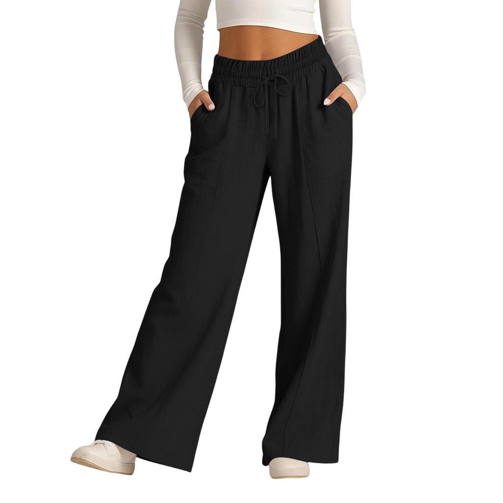 Women's Casual -Color High-Waisted Wide-Leg Drawstring Pants With Pockets
