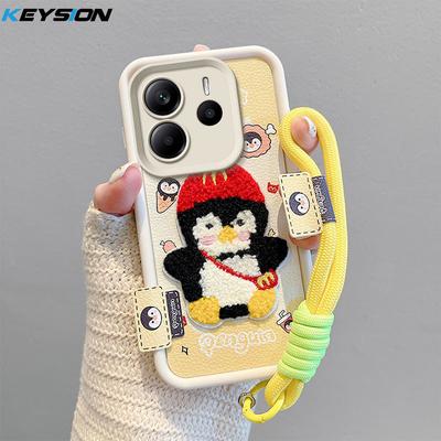 KEYSION Étui Brodé Peluche Mignon Dessin Animé pour Redmi Note 14 5G avec Cordon Housse de Téléphone Anti-Choc pour Xiaomi Redmi Note 14 4G