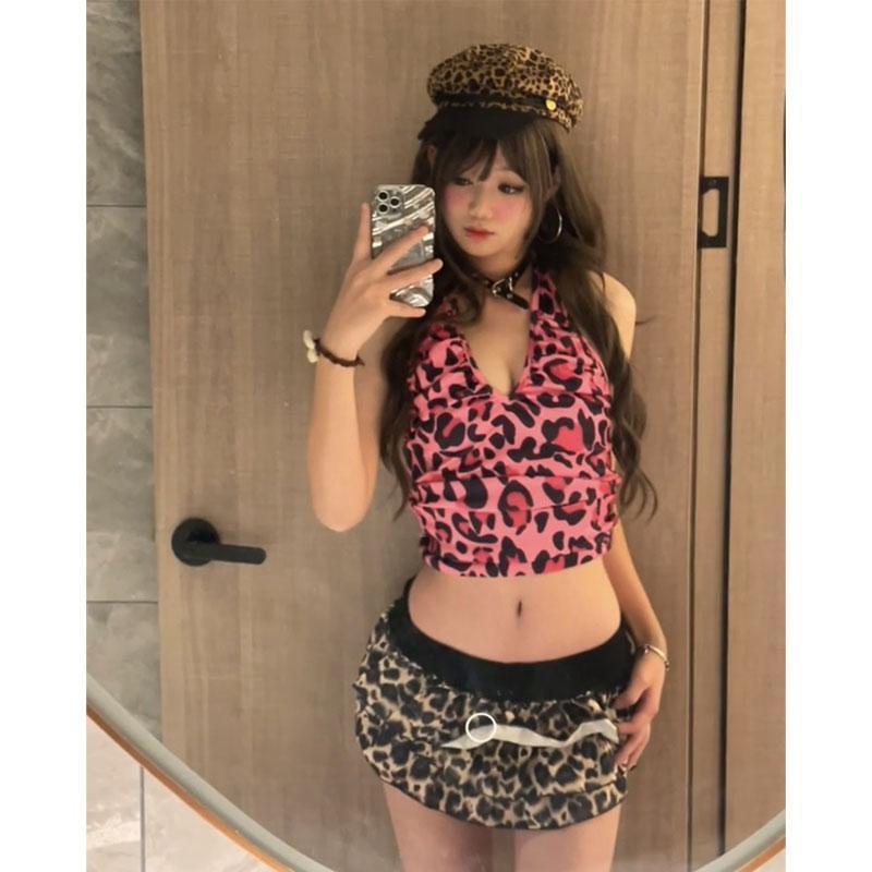 Top American Retro Stampa Leopardo Scollo a Scollo Americano Canotta Vestibilità Aderente Senza Maniche Schiena con Laccetti Top Canotta Donna Estetica Y2K Stile di Strada