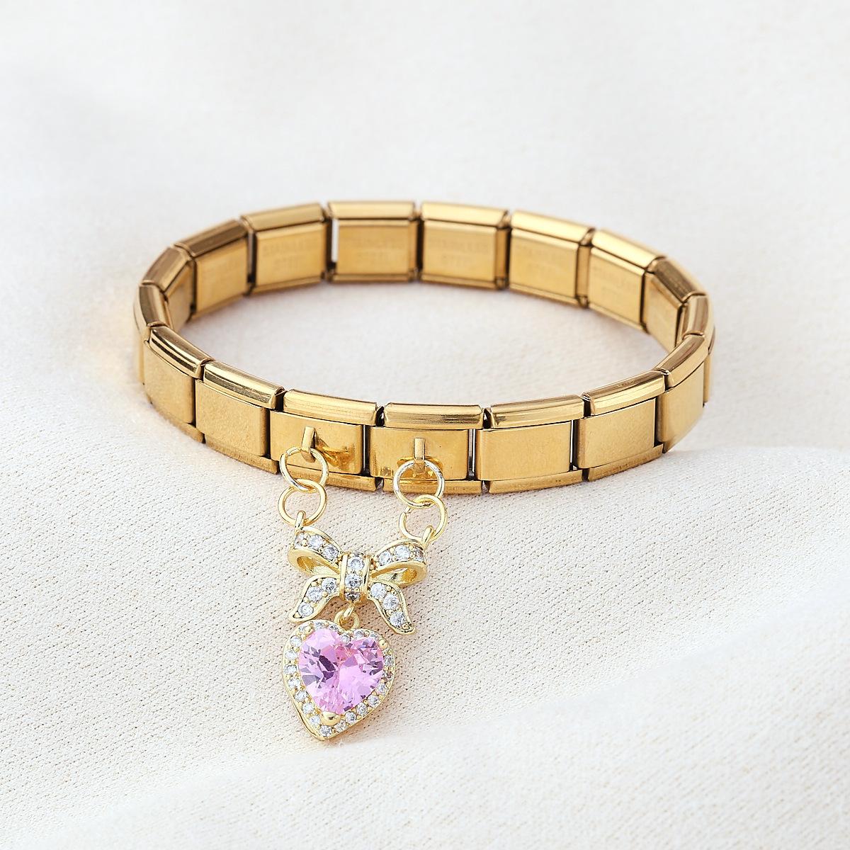 Gold Plated Copper Pink Zircon Heart Bow Pendant Italian Module Stainless Steel Jewelry Bracelet