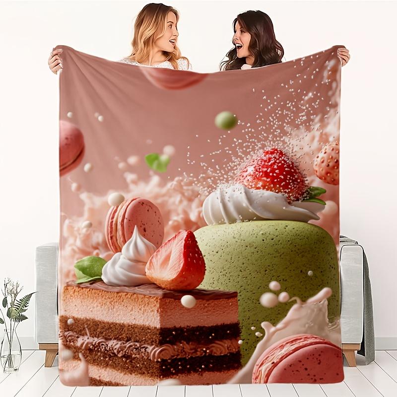 Strawberry Macaron Pattern Flannel Printed Blanket Suitable for All Seasons Suitable for Living Room Office Sofa and Travel
