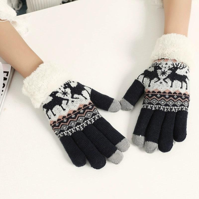 2025 Christmas Thick Reindeer Jacquard Knitted Full Finger Gloves for Women Touchscreen Washable Warm Gloves Soft Skin Friendly