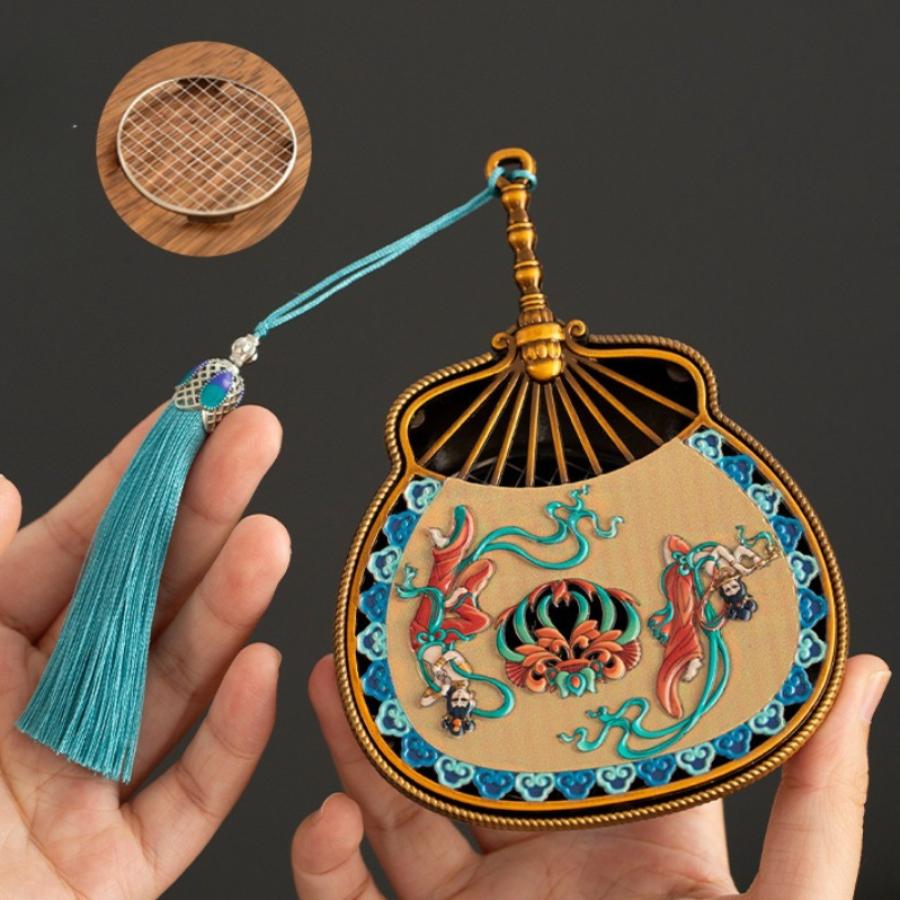 Dunhuang Enamel Incense Burner Pipa Fan Antique Sandalwood Incense Burner Aromatherapy Stove Home Desktop Decoration Ornament