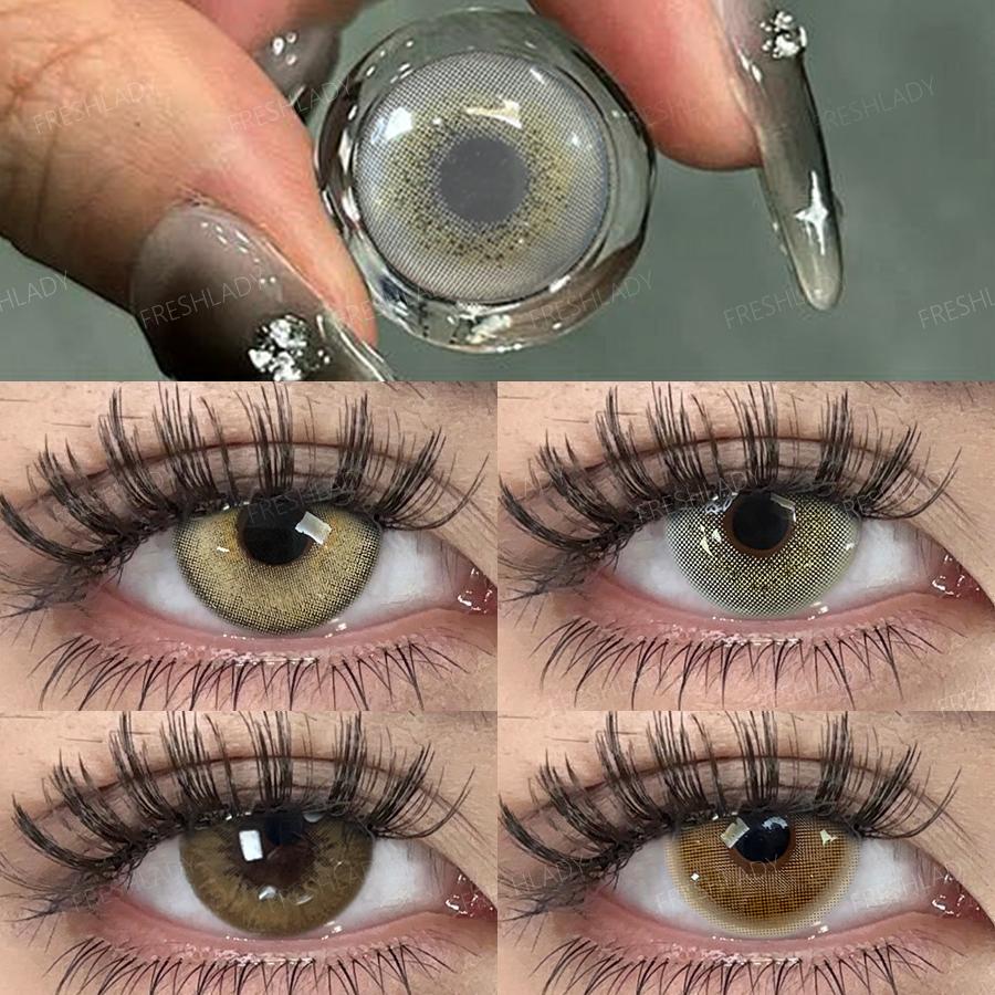Freshlady 1 Pair 2pc 14.20mm Yearly Disposable Colored Contact Lenses, Natural Gray & Brown for Daily Wear, Office, Parties & Makeup