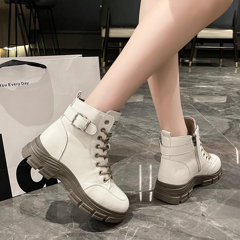 

2025 new leather inner height increase Martin boots women s autumn and winter explosion versatile leather boots British style thin boots 40 бежевый