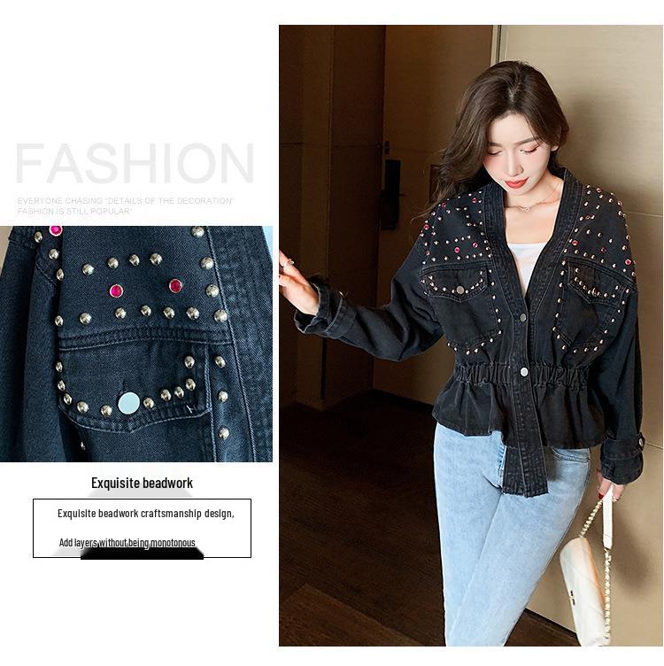Veste en jean décontractée à col en V, style coréen, perles, pour le printemps et l'automne 2024 - Haut polyvalent amincissant pour la taille, mode femme