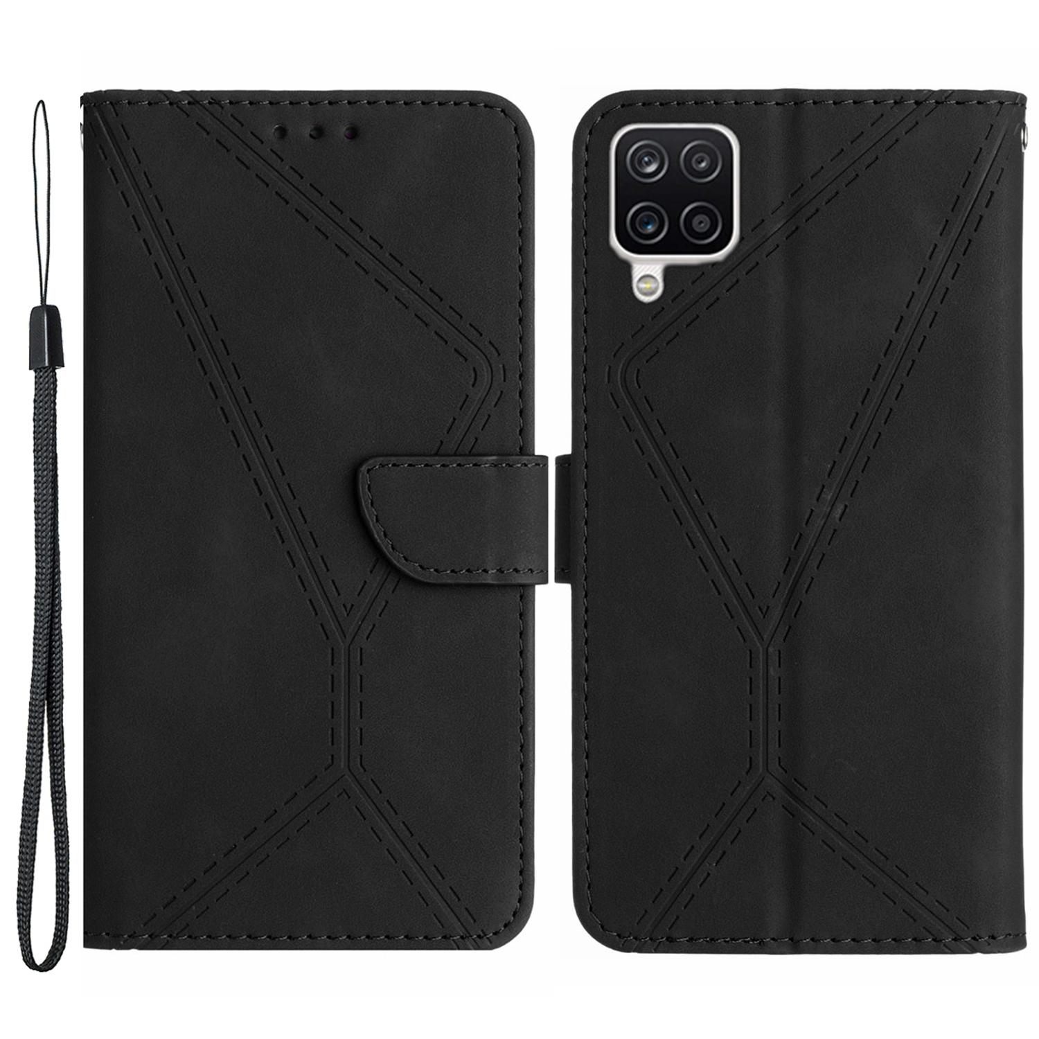 

HT05 For Samsung Galaxy A22 4G (EU Version) PU Leather Stand Cover Skin-touch Imprinted Line Wallet Phone Case Black