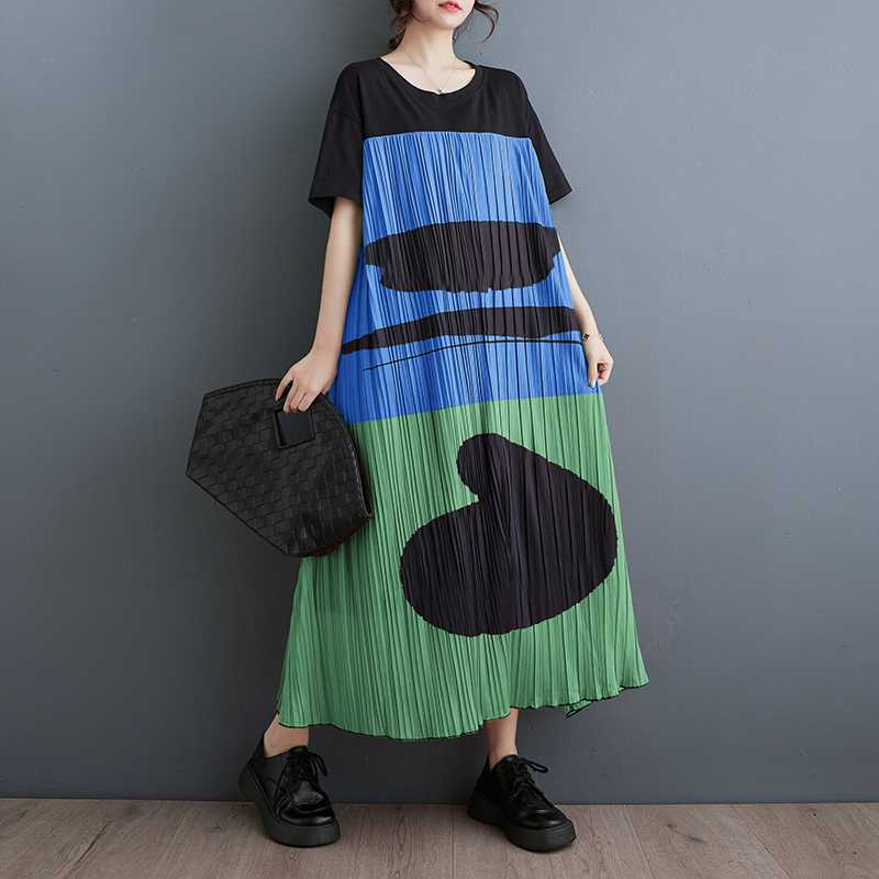 

Летнее Новое Свободное Большого Размера Принт Вставки Темперамент В Длинном Литературном Платье One Size морская волна