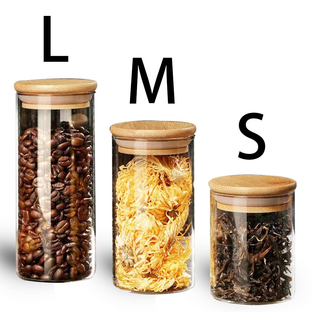 1PC Round Glass Storage Jars with Bamboo Lid for Coffee Beans Grains Noodles Food Storage Containers Kitchen Organizers Storage