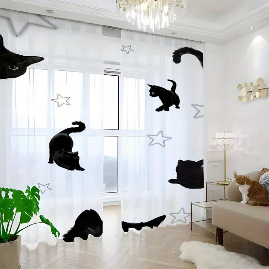 2PCS Sheer Curtains Funny Peeking Black Cat Star Print, Window Voile Panels for Cat Lovers Bedroom Living Room Home Decor Gift