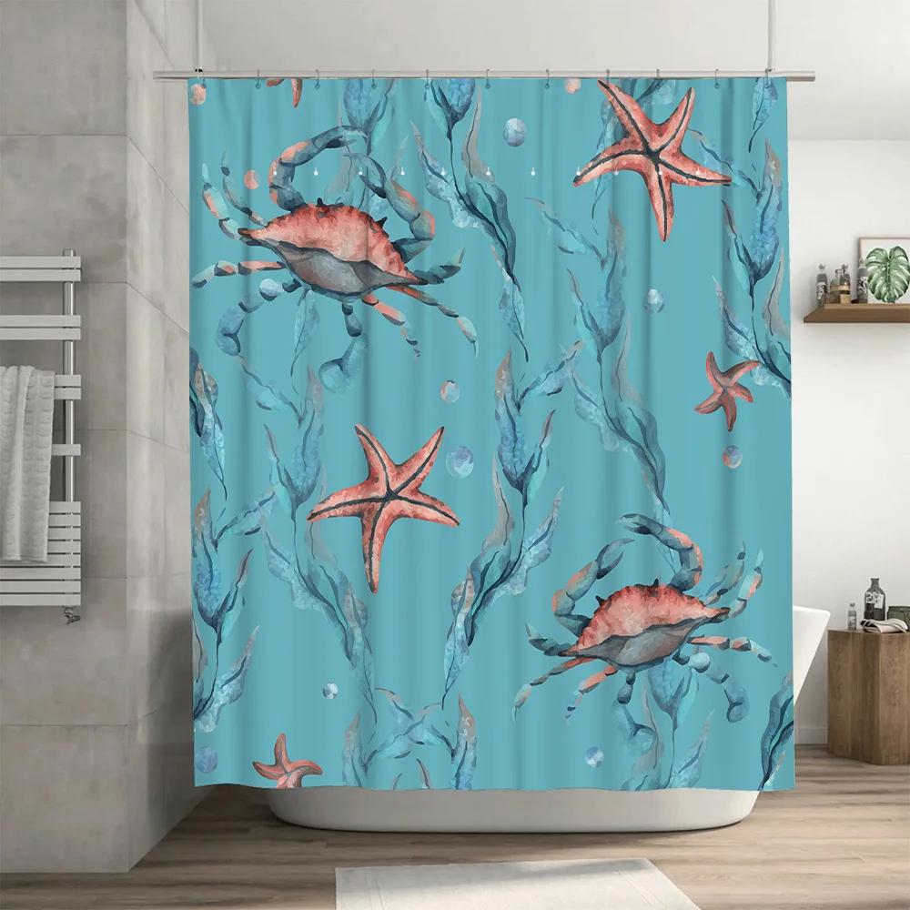 Underwater World Bath Shower Curtain Crabs Starfish Print Blue Waterproof Fabric Curtains for Bathroom Decor Home Accessories